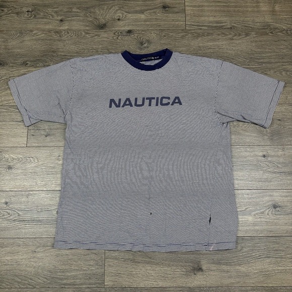 Vintage Nautica Shirt Adult XL‎ Navy Blue Striped Spell Out - Picture 1 of 6